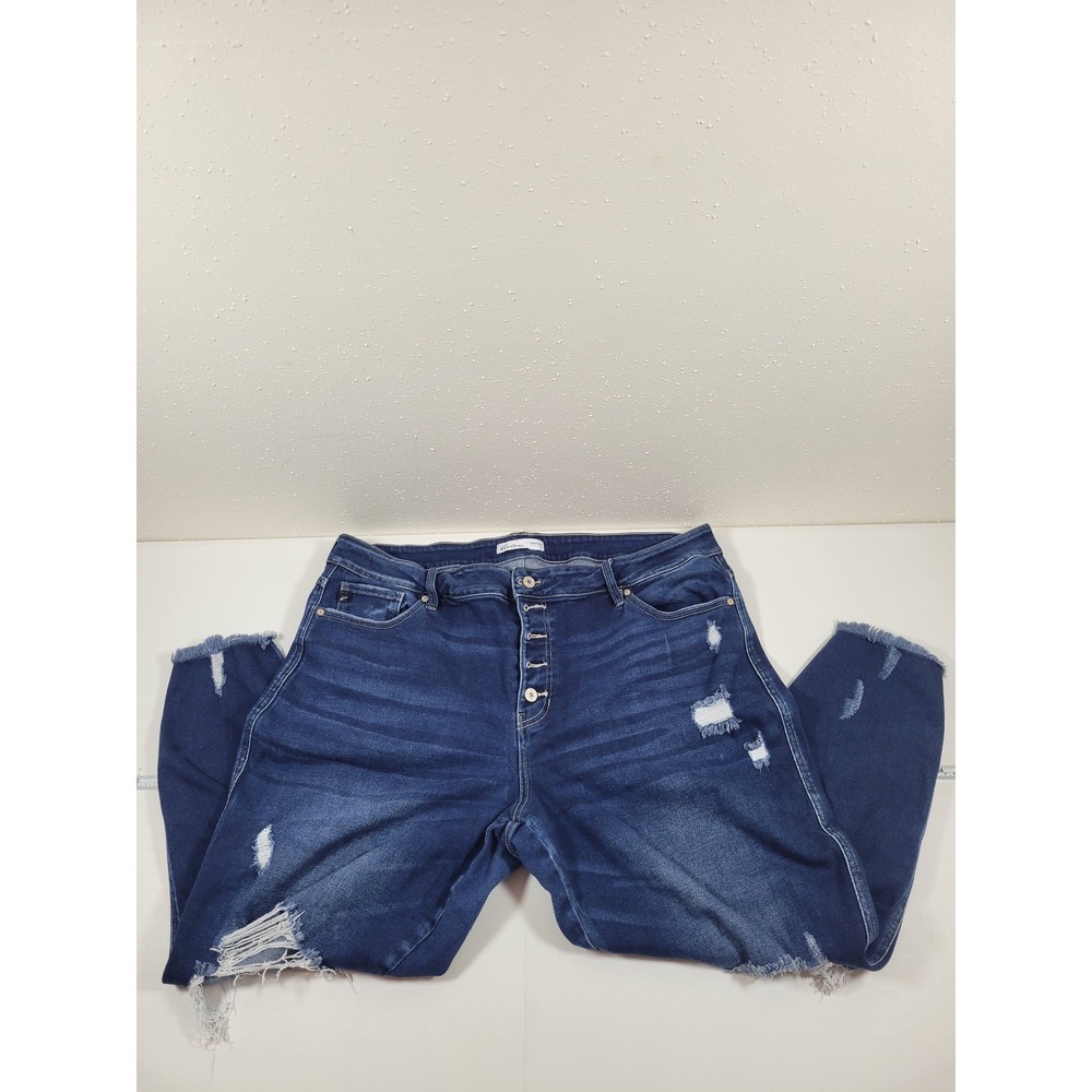 KanCan Skinny Jeans Womens 22 Blue Excellent Distressed Button Fly Frayed Hem